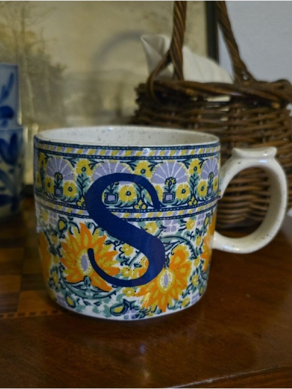 Anthropologie Monogramed 'S' Ceramic Mug in Handpainted Blue Orange Botanicals